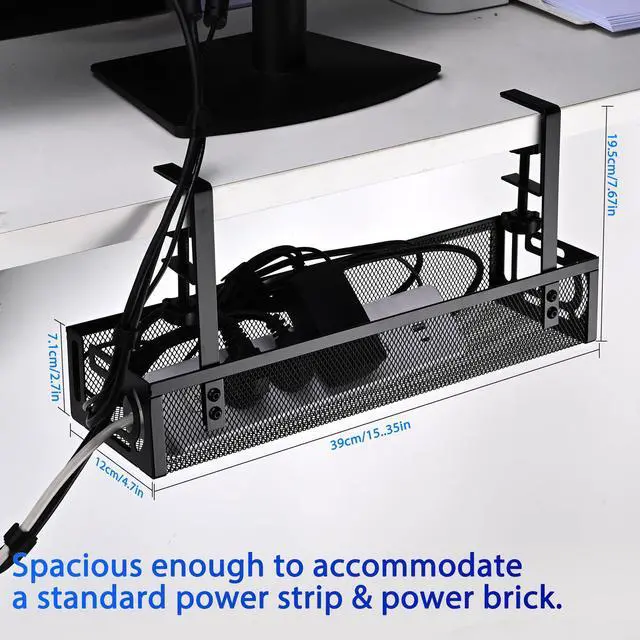Alt view image 4 of 7 - Under Desk Cable Management Tray Small Clamp-Mounted Wire Organizer & Cord Management Under Desk Rack, No-Drill Metal Cable Organizer for Home Office (Black)