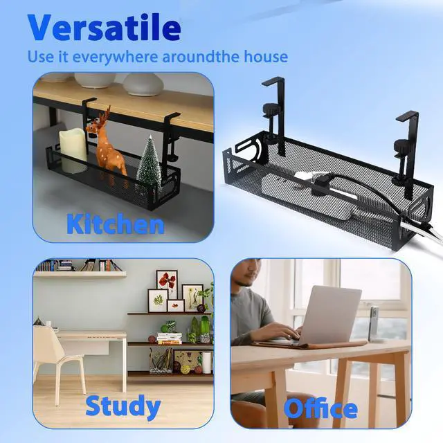 Alt view image 6 of 7 - Under Desk Cable Management Tray Small Clamp-Mounted Wire Organizer & Cord Management Under Desk Rack, No-Drill Metal Cable Organizer for Home Office (Black)