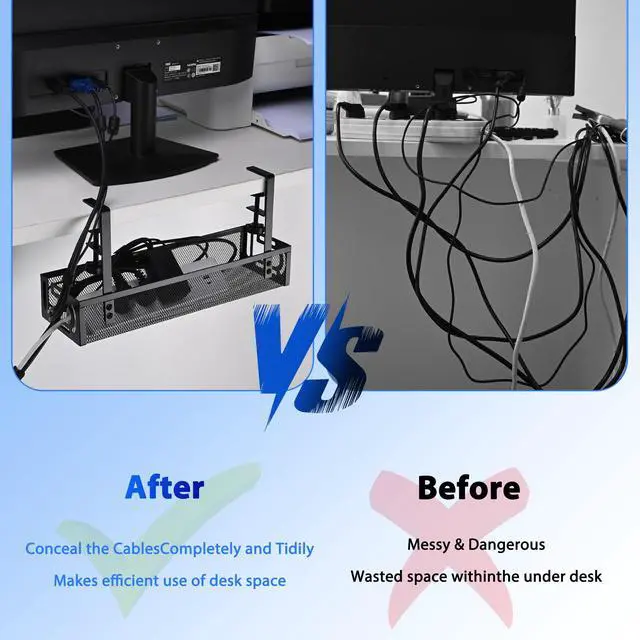 Alt view image 5 of 7 - Under Desk Cable Management Tray Small Clamp-Mounted Wire Organizer & Cord Management Under Desk Rack, No-Drill Metal Cable Organizer for Home Office (Black)