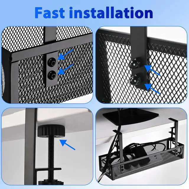 Alt view image 7 of 7 - Under Desk Cable Management Tray Small Clamp-Mounted Wire Organizer & Cord Management Under Desk Rack, No-Drill Metal Cable Organizer for Home Office (Black)