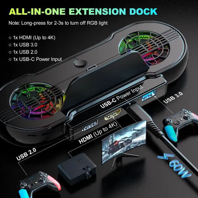 Alt view image 3 of 7 - Dock Station for Switch 2, Portable TV Docking Station with 4K@120Hz HDMI Output, USB-C & 2 USB Ports, RGB Lighting, Compatible with Nintendo Switch 2