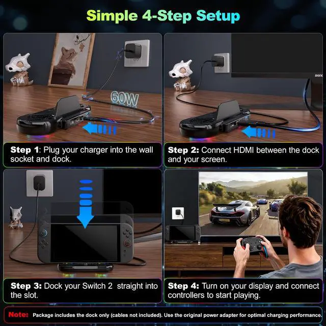 Alt view image 6 of 7 - Dock Station for Switch 2, Portable TV Docking Station with 4K@120Hz HDMI Output, USB-C & 2 USB Ports, RGB Lighting, Compatible with Nintendo Switch 2