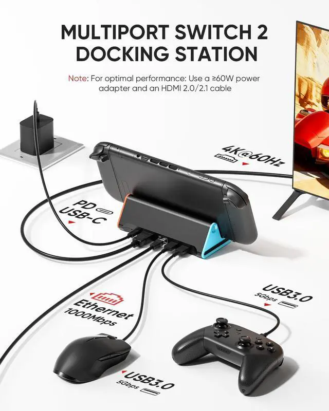 Alt view image 5 of 7 - Switch 2 Dock, 4K@60Hz TV Docking Station with 60W Fast Charger & HDMI Cable, Gigabit Ethernet Port (1000Mbps), Portable Replacement Base for Switch 2 ONLY, Accessories Bundle for Nintendo Switch 2