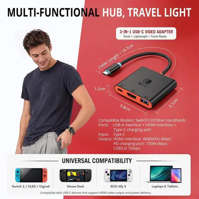 Alt view image 6 of 7 - Switch 2 Dock for TV, Aluminum Alloy Shell HDMI 2.0 4K@60Hz HDR Docking Station for Nintendo Switch 2/OLED/Steam Deck/ROG Ally, USB C to HDMI Adapter with 100W PD 3.0 Fast Charging & USB3.0