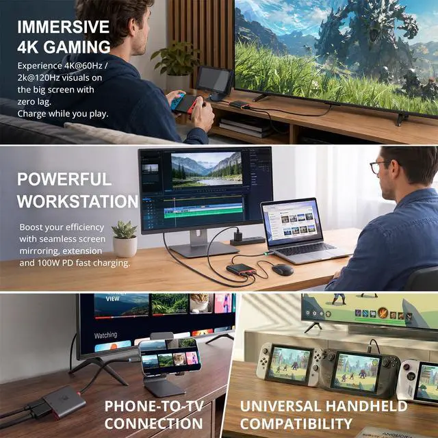 Alt view image 3 of 7 - Switch 2 Dock for TV, Aluminum Alloy Shell HDMI 2.0 4K@60Hz HDR Docking Station for Nintendo Switch 2/OLED/Steam Deck/ROG Ally, USB C to HDMI Adapter with 100W PD 3.0 Fast Charging & USB3.0