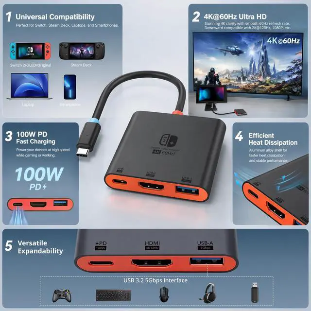 Alt view image 4 of 7 - Switch 2 Dock for TV, Aluminum Alloy Shell HDMI 2.0 4K@60Hz HDR Docking Station for Nintendo Switch 2/OLED/Steam Deck/ROG Ally, USB C to HDMI Adapter with 100W PD 3.0 Fast Charging & USB3.0