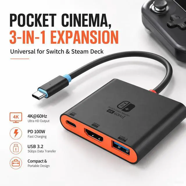 Alt view image 7 of 7 - Switch 2 Dock for TV, Aluminum Alloy Shell HDMI 2.0 4K@60Hz HDR Docking Station for Nintendo Switch 2/OLED/Steam Deck/ROG Ally, USB C to HDMI Adapter with 100W PD 3.0 Fast Charging & USB3.0