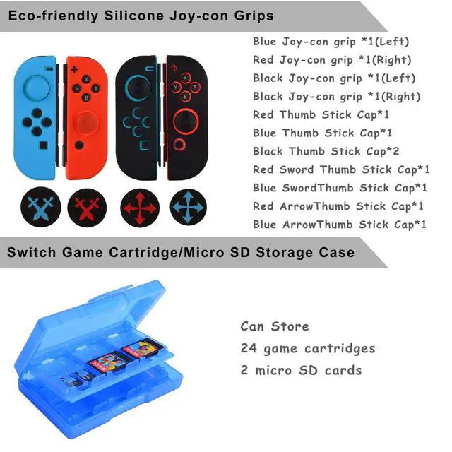 Alt view image 6 of 6 - Accessories Kit for Nintendo Switch / Switch OLED Model Games Bundle Wheel Grip Caps Carrying Case Screen Protector Controller