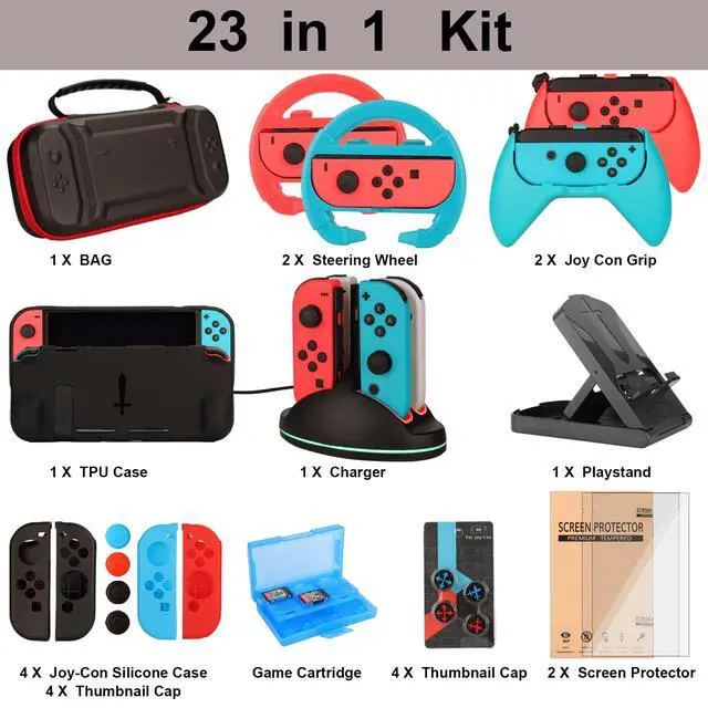 Alt view image 2 of 7 - Switch Accessories Bundle for Nintendo Switch Games, Kit with Carrying Case, Steering Wheels, Screen Protectors, Charging Dock, Grips, Caps (23 in 1)