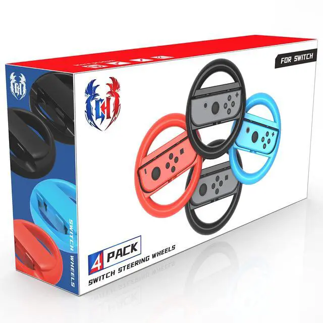 Main image of 4 Pack Switch Steering Wheel Compatible with Mario Kart 8 Deluxe, Racing Wheel Accessories Compatible with Nintendo Switch/Switch OLED Joy Con Controller (Black x2, Red and Blue)