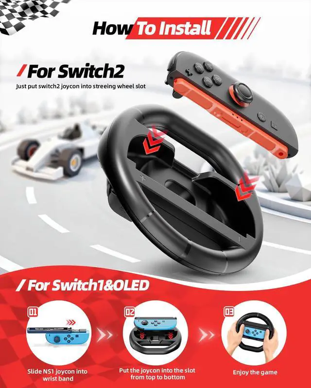 Alt view image 6 of 7 - Switch 2 Joycon Grips & Steering Wheels, Joycons Accessories for Nintendo Switch 2/Switch1/OLED, Controller Holder & Steering Wheel Set with Anti-Slip Thumb Grip Wrist strap