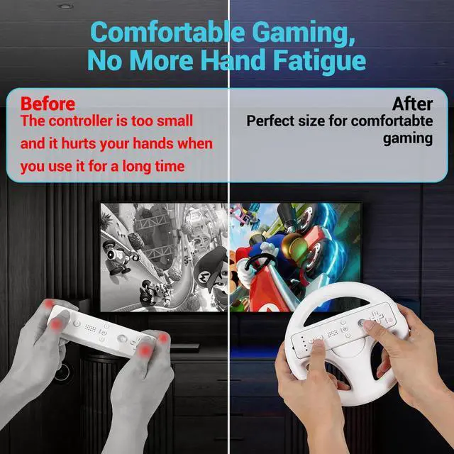 Alt view image 6 of 7 - Steering Wheel for Nintendo Wii and Wii U Remote Controller, 2 Pack Racing Wheels Games Accessories for Mario Kart (White)