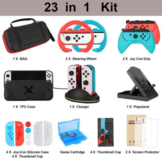 Alt view image 2 of 7 - Accessories Bundle Pack for Nintendo Switch OLED Model(2021), Family Party Kit with Carrying Case, Joy Con Charging Dock, Grips, Covers, Steering Wheels, Mount, Screen Protectors, Caps(23 in 1)