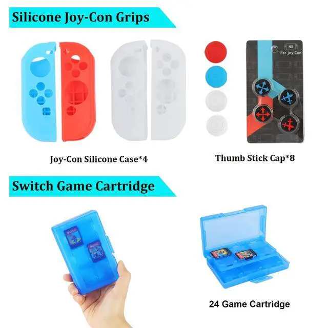 Alt view image 4 of 7 - Accessories Bundle Pack for Nintendo Switch OLED Model(2021), Family Party Kit with Carrying Case, Joy Con Charging Dock, Grips, Covers, Steering Wheels, Mount, Screen Protectors, Caps(23 in 1)