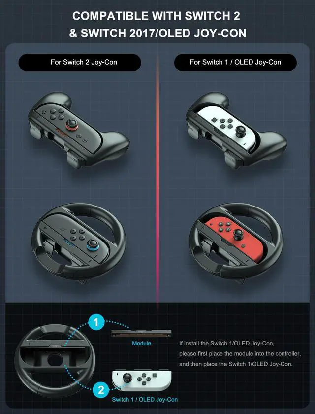 Alt view image 2 of 7 - Joy-Con Grips & Steering Wheels Bundle for Nintendo Switch 2, Ergonomic Anti-Slip Handles Compatible with Joy-Con 2, Switch OLED & 2017 Models, Racing Accessories for Mario Kart World