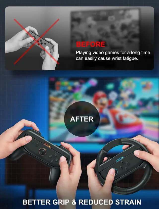 Alt view image 6 of 7 - Joy-Con Grips & Steering Wheels Bundle for Nintendo Switch 2, Ergonomic Anti-Slip Handles Compatible with Joy-Con 2, Switch OLED & 2017 Models, Racing Accessories for Mario Kart World
