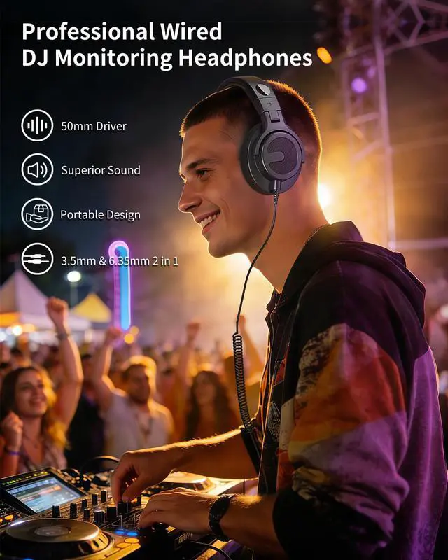 Alt view image 2 of 7 - Wired Over Ear Headphones, DJ & Studio Monitor Headphones with 50mm Driver, Stereo Headsets with 1/4 and 3.5mm Jack for Recording Mixing Podcast Keyboard Guitar Laptop - Black