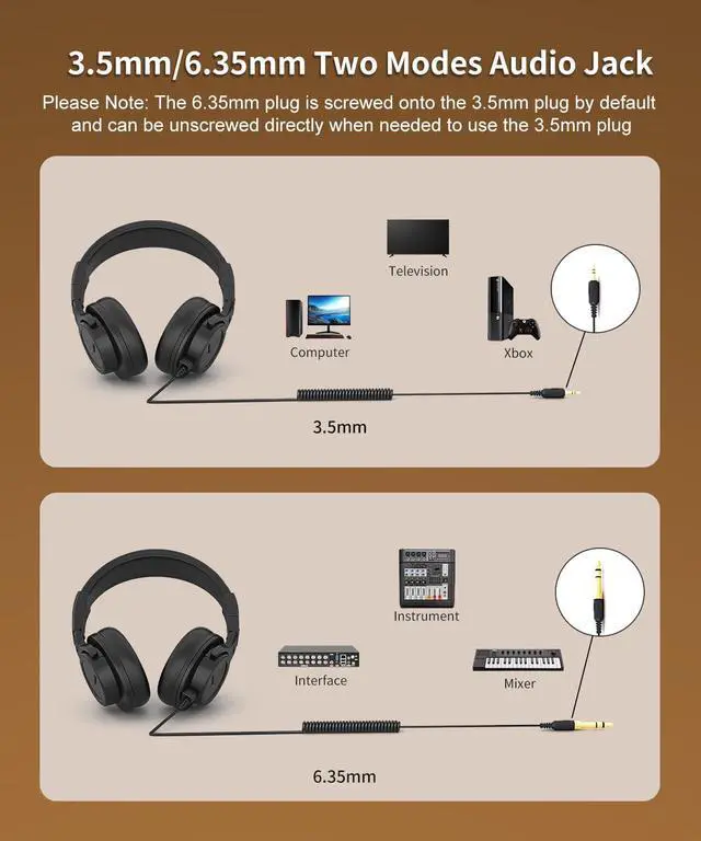 Alt view image 4 of 7 - Wired Over Ear Headphones, DJ & Studio Monitor Headphones with 50mm Driver, Stereo Headsets with 1/4 and 3.5mm Jack for Recording Mixing Podcast Keyboard Guitar Laptop - Black