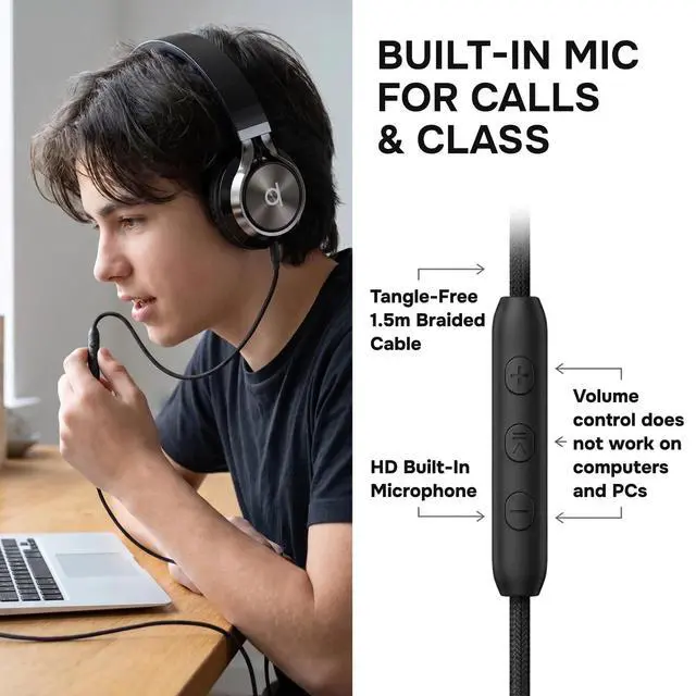 Alt view image 5 of 7 - CL750 Wired Headphones with Mic Noise Isolating On-Ear Headphones for Computer and Laptop Wired, Plug in Corded Headphone with Wire (Foldable, Aux Jack 3.5mm)