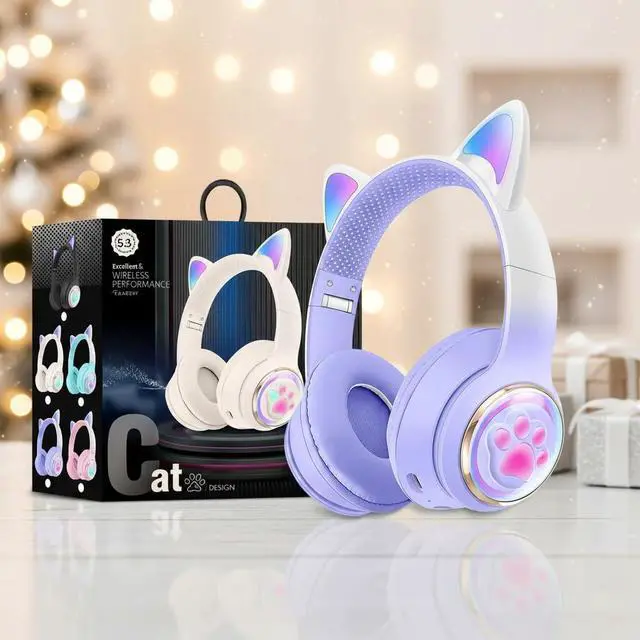 Main image of Cat Ear Bluetooth Kids Headphones, LED Lights, Safe Volume, Foldable