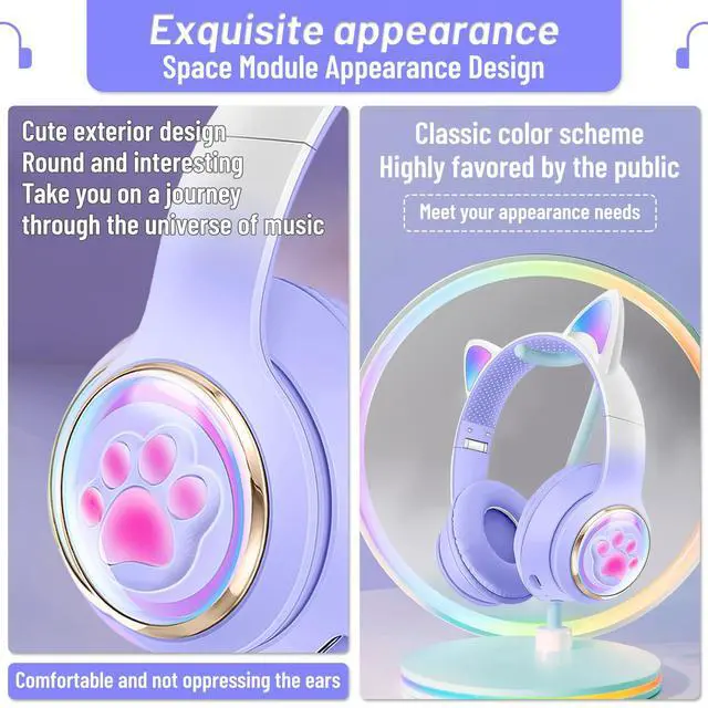 Alt view image 2 of 7 - Cat Ear Bluetooth Kids Headphones, LED Lights, Safe Volume, Foldable