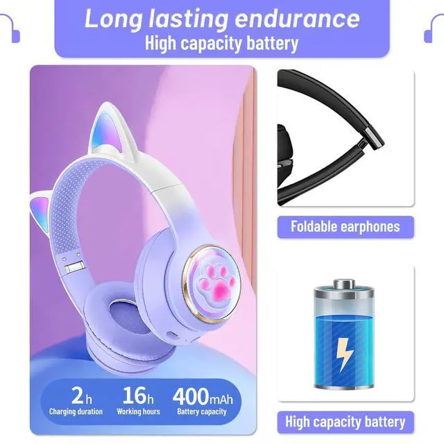 Alt view image 3 of 7 - Cat Ear Bluetooth Kids Headphones, LED Lights, Safe Volume, Foldable