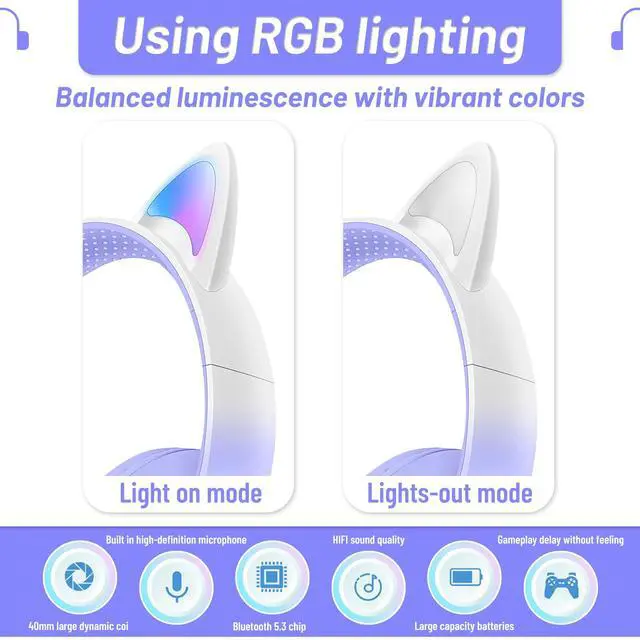 Alt view image 5 of 7 - Cat Ear Bluetooth Kids Headphones, LED Lights, Safe Volume, Foldable