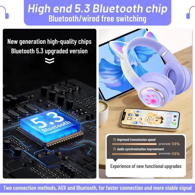 Alt view image 4 of 7 - Cat Ear Bluetooth Kids Headphones, LED Lights, Safe Volume, Foldable