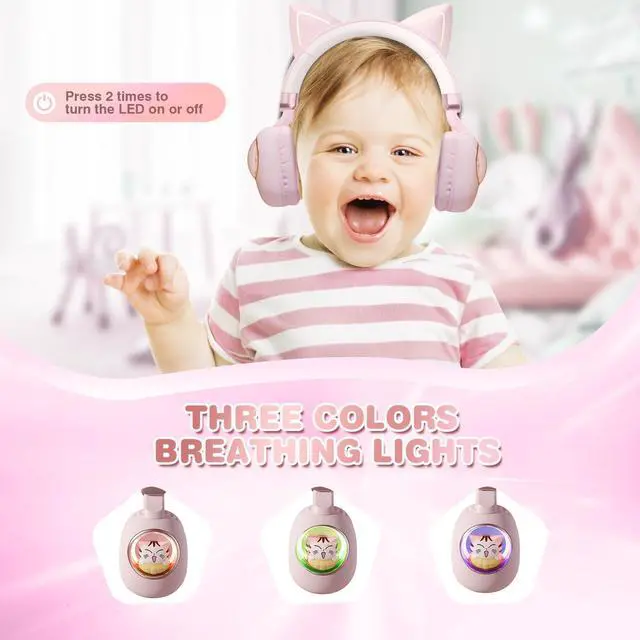 Alt view image 2 of 6 - Pink Cat Ear Headphones for Kids, Cute Children Girl Wireless Bluetooth Headphones for School, Kindergarten Light up Kawaii Kitty Noise Cancelling Headphones for Kids Teens Child Airplane