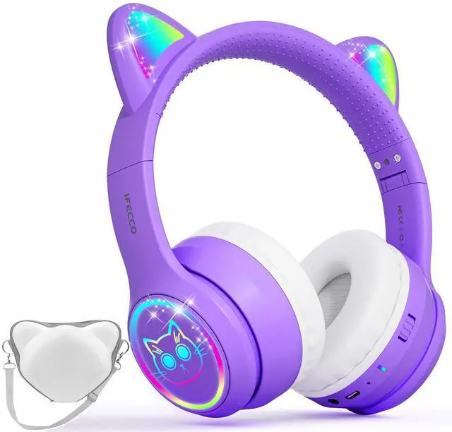 Main image of Kids Bluetooth Headphones with Case,Cute LED Light Up Cat Ears