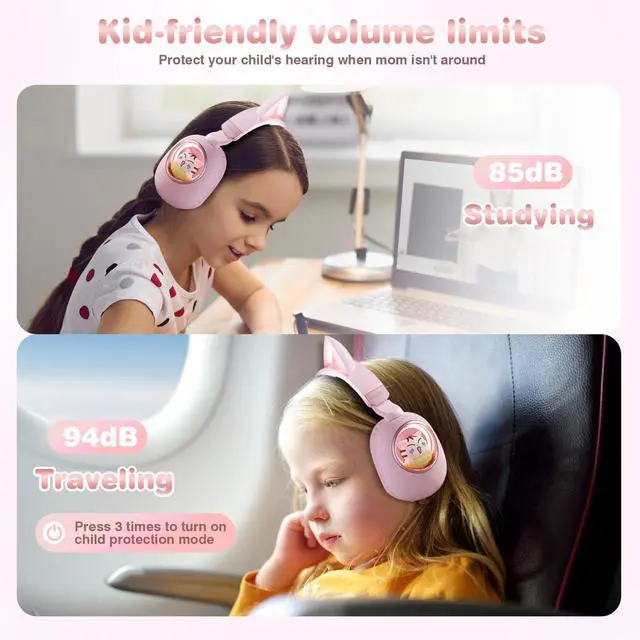 Alt view image 3 of 6 - Pink Cat Ear Headphones for Kids, Cute Children Girl Wireless Bluetooth Headphones for School, Kindergarten Light up Kawaii Kitty Noise Cancelling Headphones for Kids Teens Child Airplane