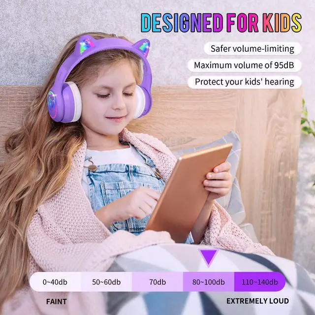 Alt view image 2 of 7 - Kids Bluetooth Headphones with Case,Cute LED Light Up Cat Ears