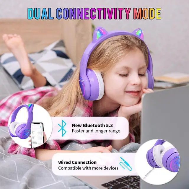 Alt view image 3 of 7 - Kids Bluetooth Headphones with Case,Cute LED Light Up Cat Ears