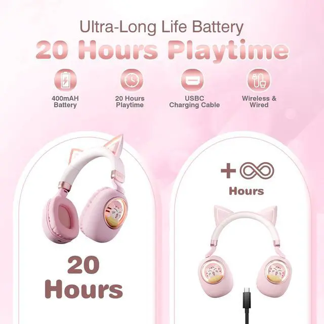Alt view image 4 of 6 - Pink Cat Ear Headphones for Kids, Cute Children Girl Wireless Bluetooth Headphones for School, Kindergarten Light up Kawaii Kitty Noise Cancelling Headphones for Kids Teens Child Airplane