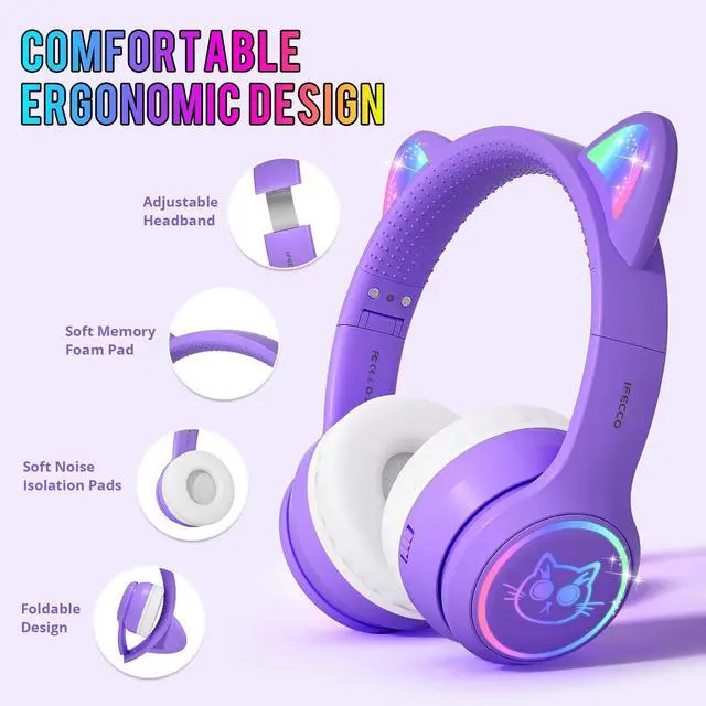 Alt view image 4 of 7 - Kids Bluetooth Headphones with Case,Cute LED Light Up Cat Ears