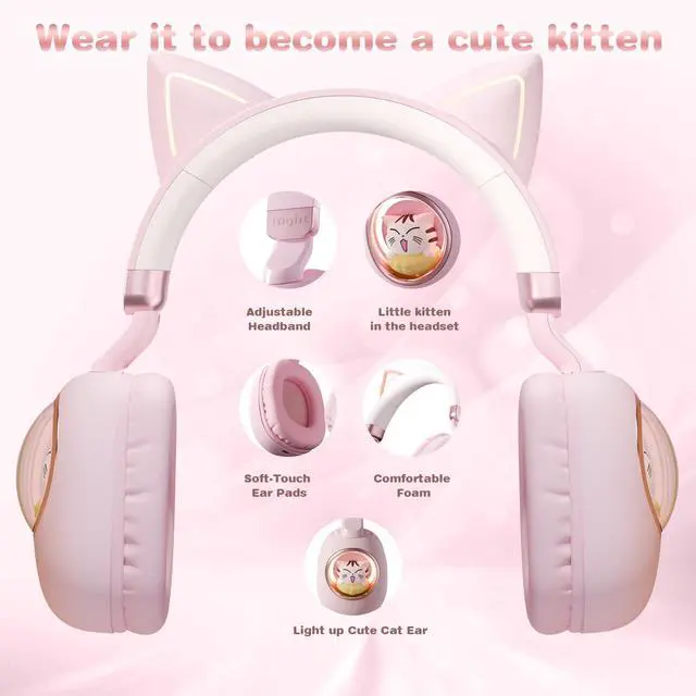 Alt view image 6 of 6 - Pink Cat Ear Headphones for Kids, Cute Children Girl Wireless Bluetooth Headphones for School, Kindergarten Light up Kawaii Kitty Noise Cancelling Headphones for Kids Teens Child Airplane