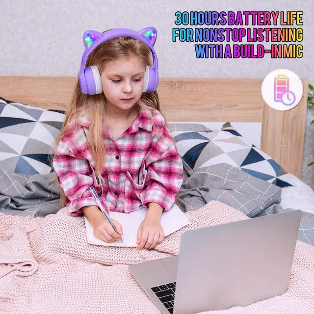Alt view image 5 of 7 - Kids Bluetooth Headphones with Case,Cute LED Light Up Cat Ears