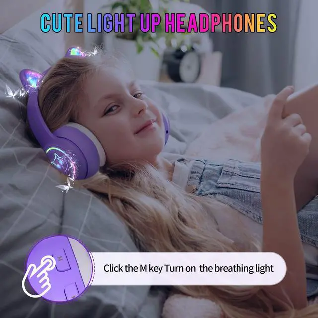 Alt view image 7 of 7 - Kids Bluetooth Headphones with Case,Cute LED Light Up Cat Ears