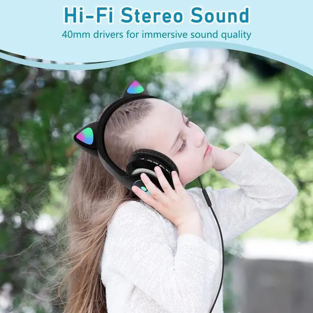 Alt view image 2 of 7 - Kids Bluetooth Wireless Over-Ear Cat Ear Headphones with Microphone for Kids Teens Adults (Black)
