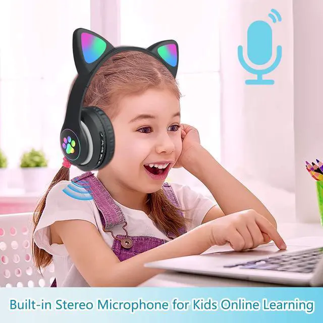 Alt view image 3 of 7 - Kids Bluetooth Wireless Over-Ear Cat Ear Headphones with Microphone for Kids Teens Adults (Black)