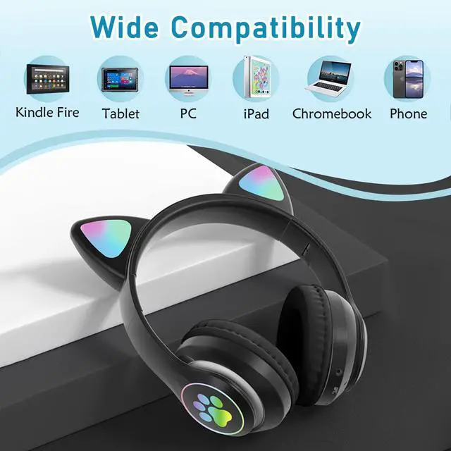 Alt view image 4 of 7 - Kids Bluetooth Wireless Over-Ear Cat Ear Headphones with Microphone for Kids Teens Adults (Black)