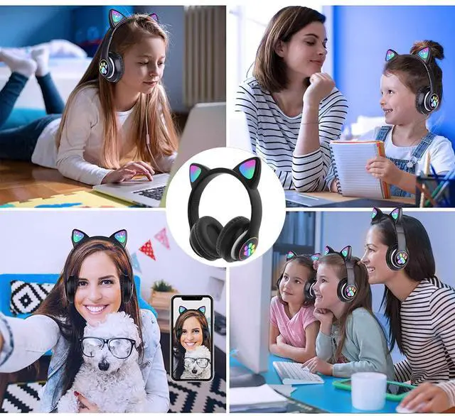 Alt view image 5 of 7 - Kids Bluetooth Wireless Over-Ear Cat Ear Headphones with Microphone for Kids Teens Adults (Black)