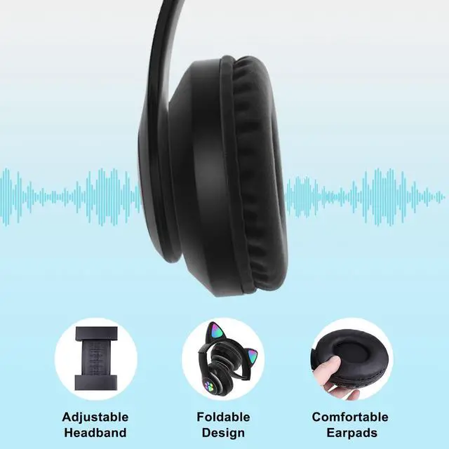 Alt view image 6 of 7 - Kids Bluetooth Wireless Over-Ear Cat Ear Headphones with Microphone for Kids Teens Adults (Black)