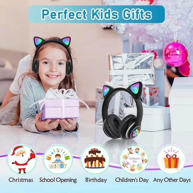 Alt view image 7 of 7 - Kids Bluetooth Wireless Over-Ear Cat Ear Headphones with Microphone for Kids Teens Adults (Black)