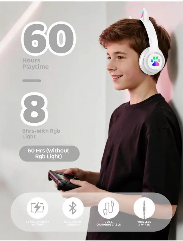 Alt view image 2 of 7 - Bluetooth Headphones Wireless Cat Ear 60H/8H with LED Light Mic White