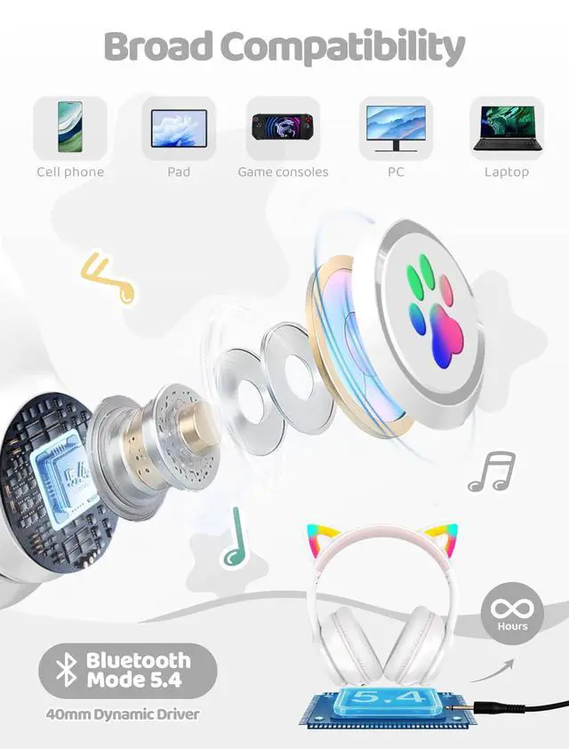Alt view image 4 of 7 - Bluetooth Headphones Wireless Cat Ear 60H/8H with LED Light Mic White