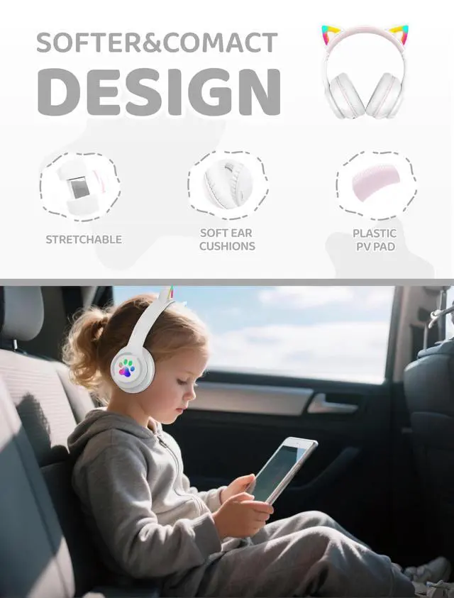 Alt view image 5 of 7 - Bluetooth Headphones Wireless Cat Ear 60H/8H with LED Light Mic White