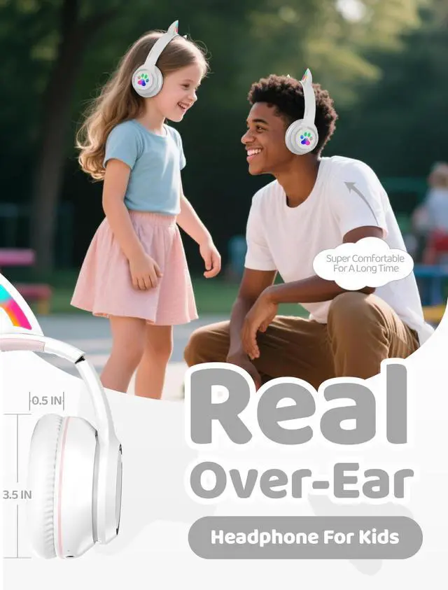 Alt view image 3 of 7 - Bluetooth Headphones Wireless Cat Ear 60H/8H with LED Light Mic White