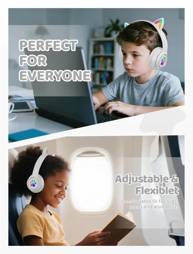 Alt view image 6 of 7 - Bluetooth Headphones Wireless Cat Ear 60H/8H with LED Light Mic White
