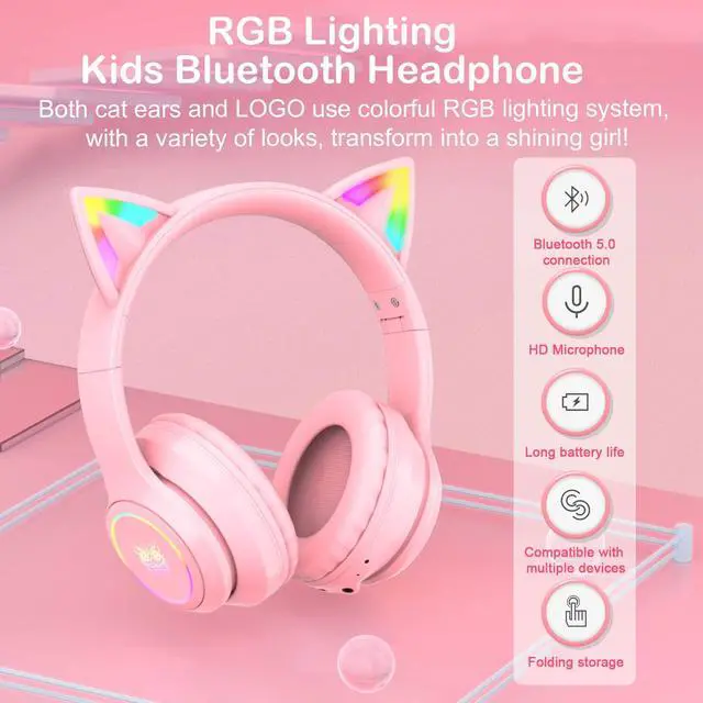 Alt view image 5 of 7 - Bluetooth RGB Cat Ear Headphones, Foldable/Built-in Mic, A Pink